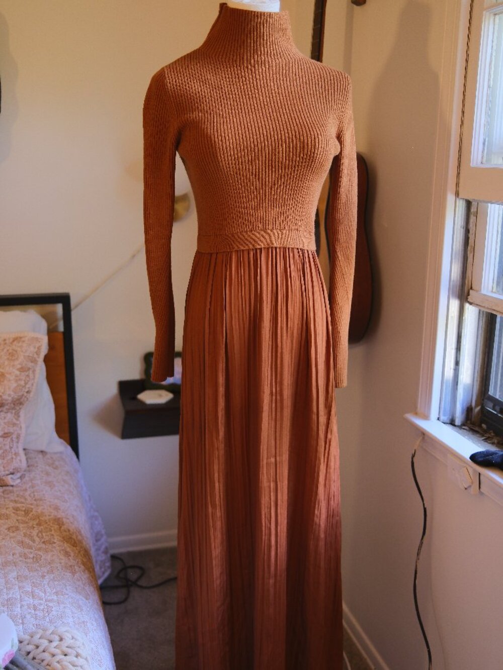 Anthropologie Ribbed Turtleneck Pleated Midi Sweater Dress Rust Brown Size S